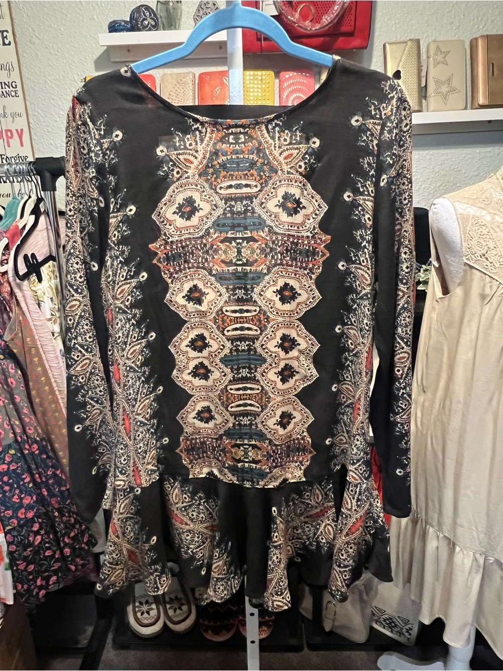 Free People Black Multi Print Long Sleeve Peplum Blouse